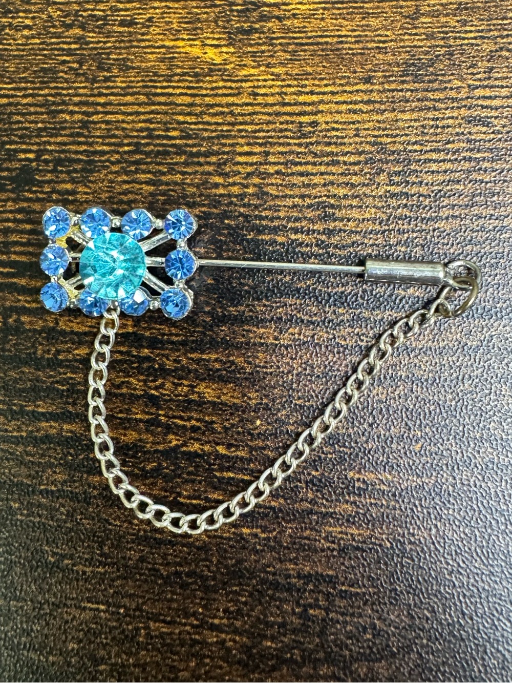 Vintage Blue Crystal Stick Pin Brooch with Safety Chain